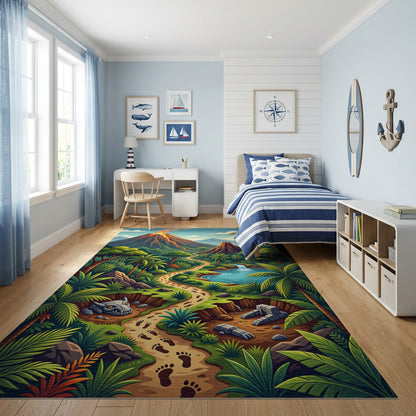 Vibrant Jungle Volcano Dino Path Rug