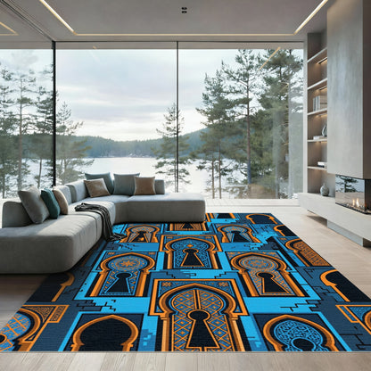 Azure Arched Keyhole Geometric Mosaic Rug