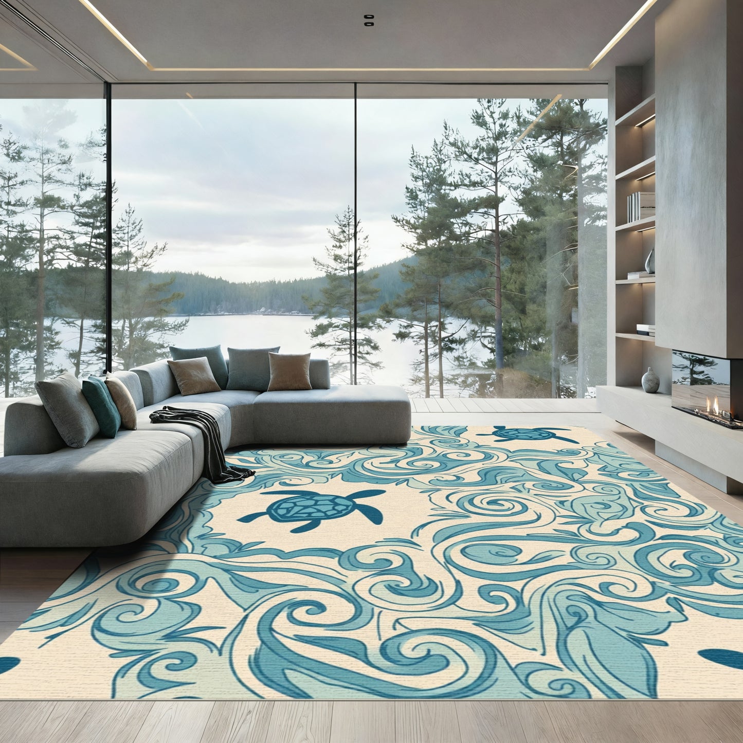 Oceanic Swirl Turtle Motif Rug