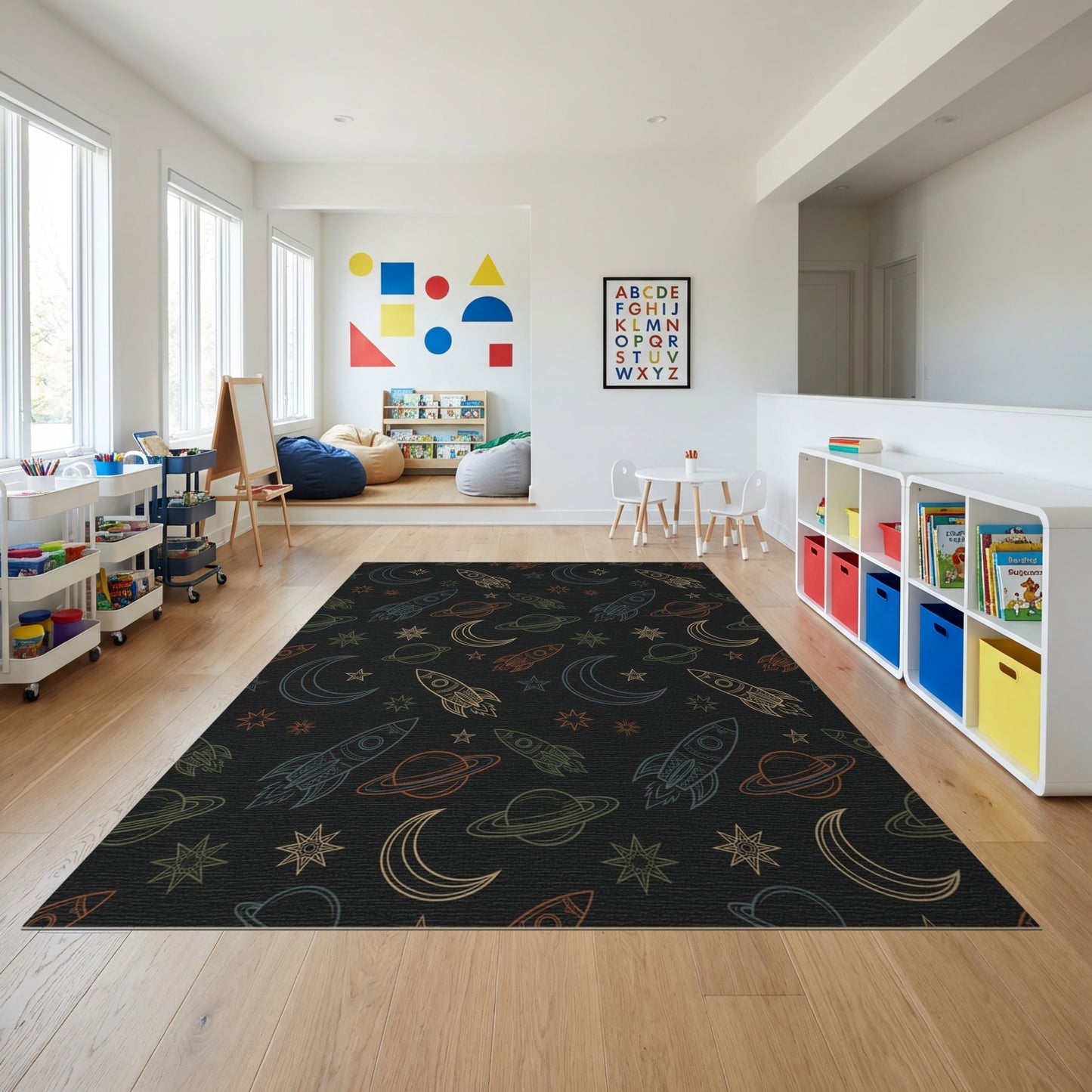 Cosmic Rockets Stars Moons Planets Rug