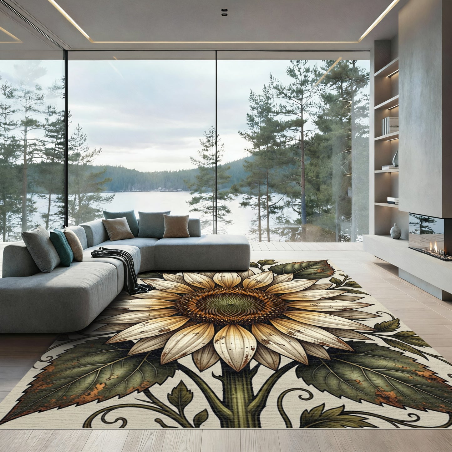 Weathered Cream Sunflower Botanical Art Rug
