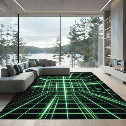 Neon Green Cyber Grid Abstract Lines Rug
