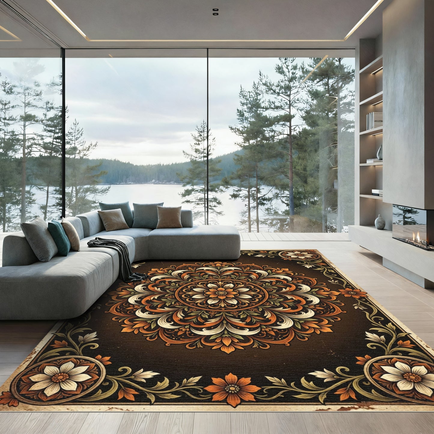 Earthy Amber Floral Medallion Scroll Rug
