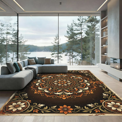 Earthy Amber Floral Medallion Scroll Rug