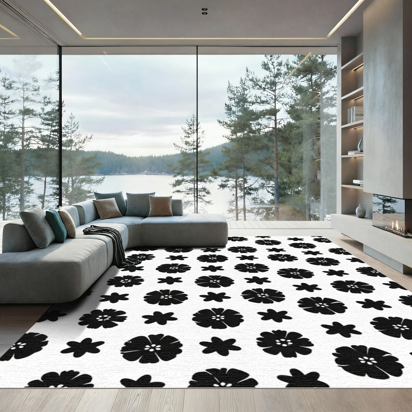 Black White Scattered Floral Arrangement Rug