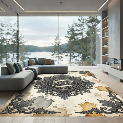 Ornate Monochrome Floral Damask Scroll Medallion Rug