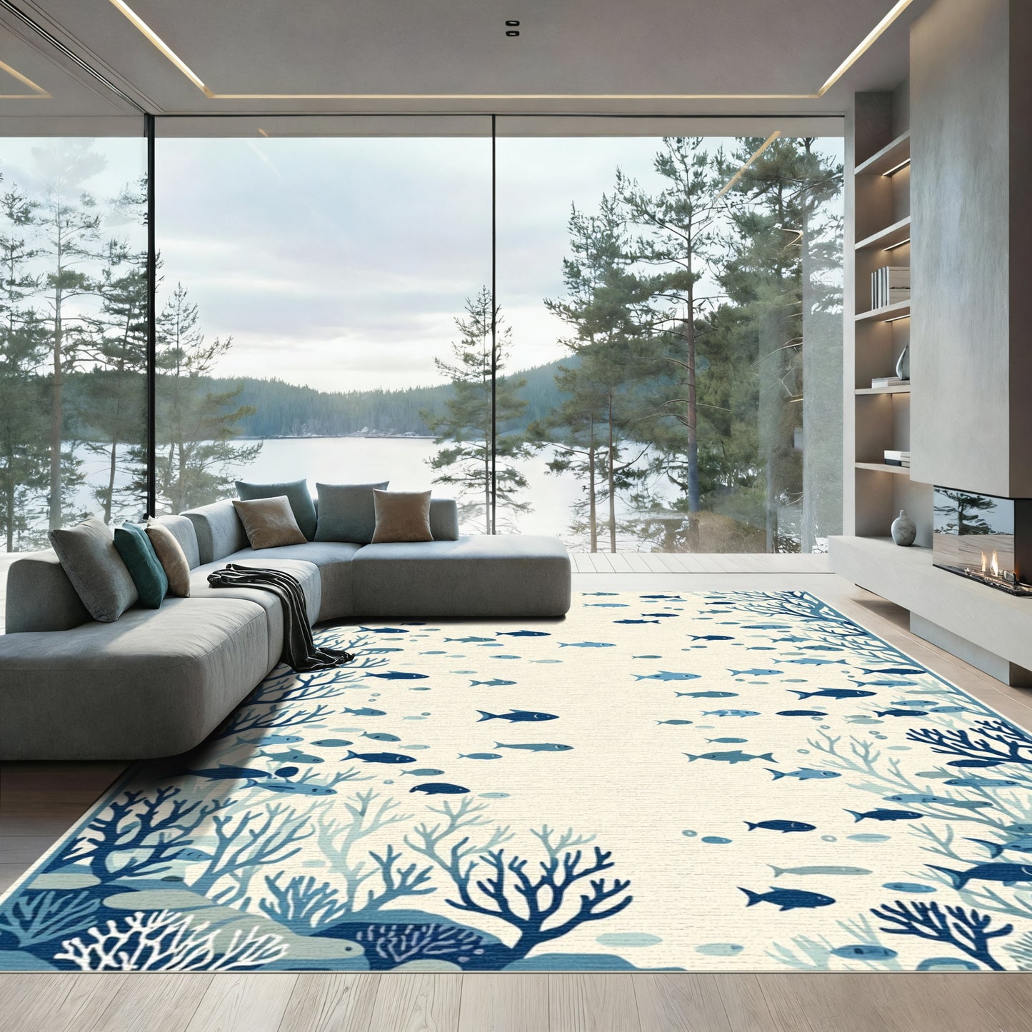 Oceanic Blue Schooling Fish Coral Reef Rug