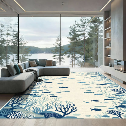 Oceanic Blue Schooling Fish Coral Reef Rug