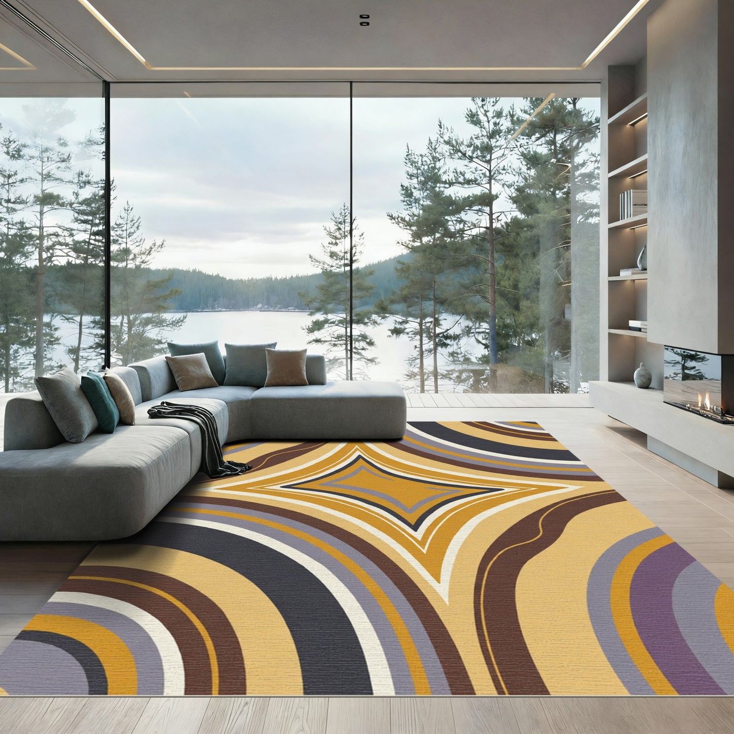 Retro Golden Diamond Swirl Rug