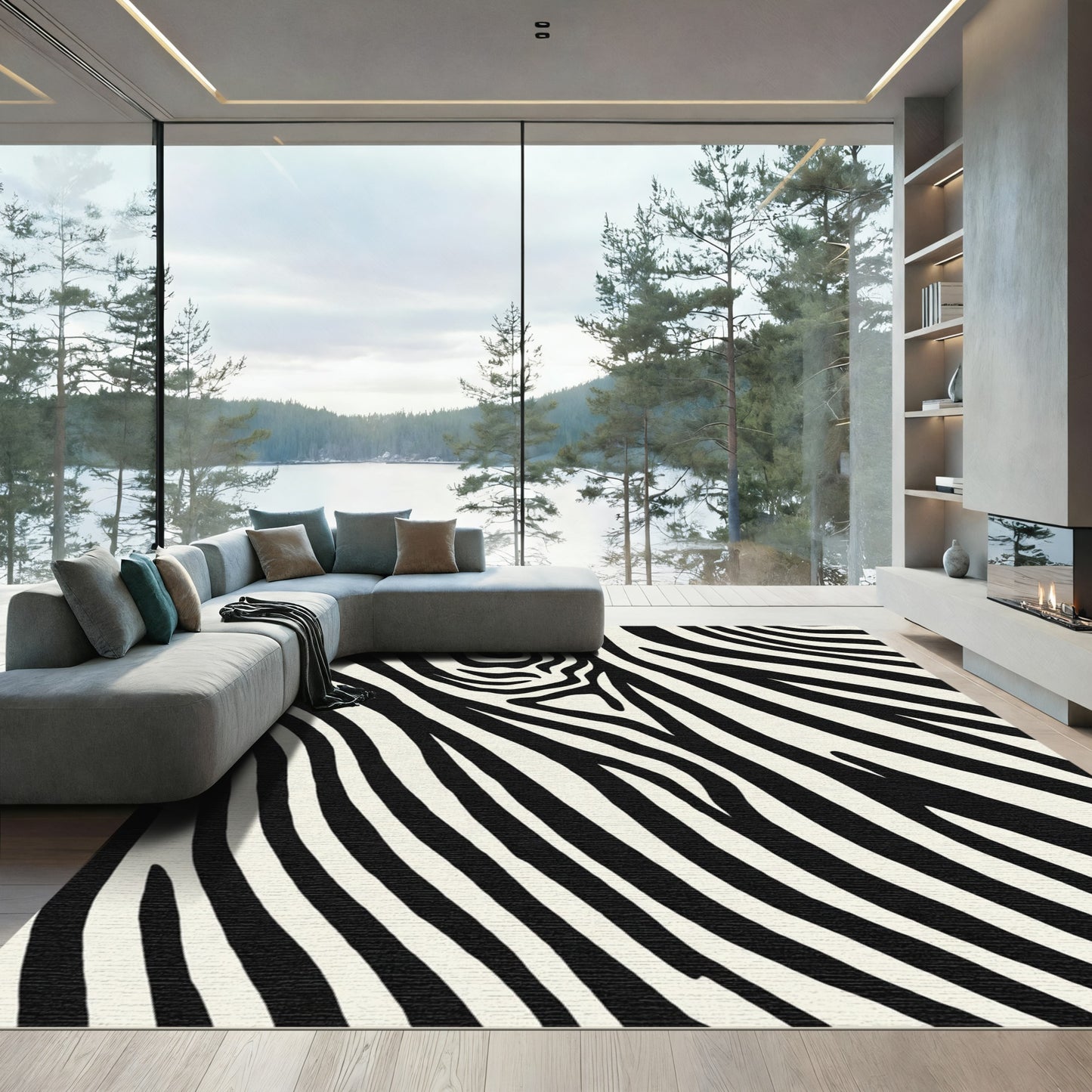Striking Black White Organic Lines Rug