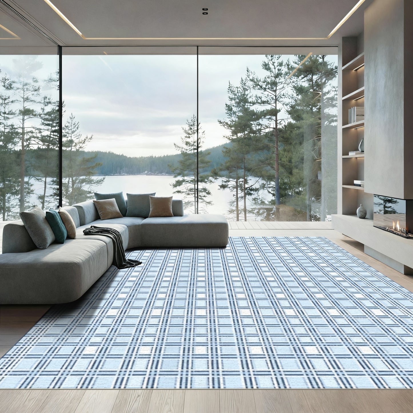 Light Blue Watercolor Plaid Rug