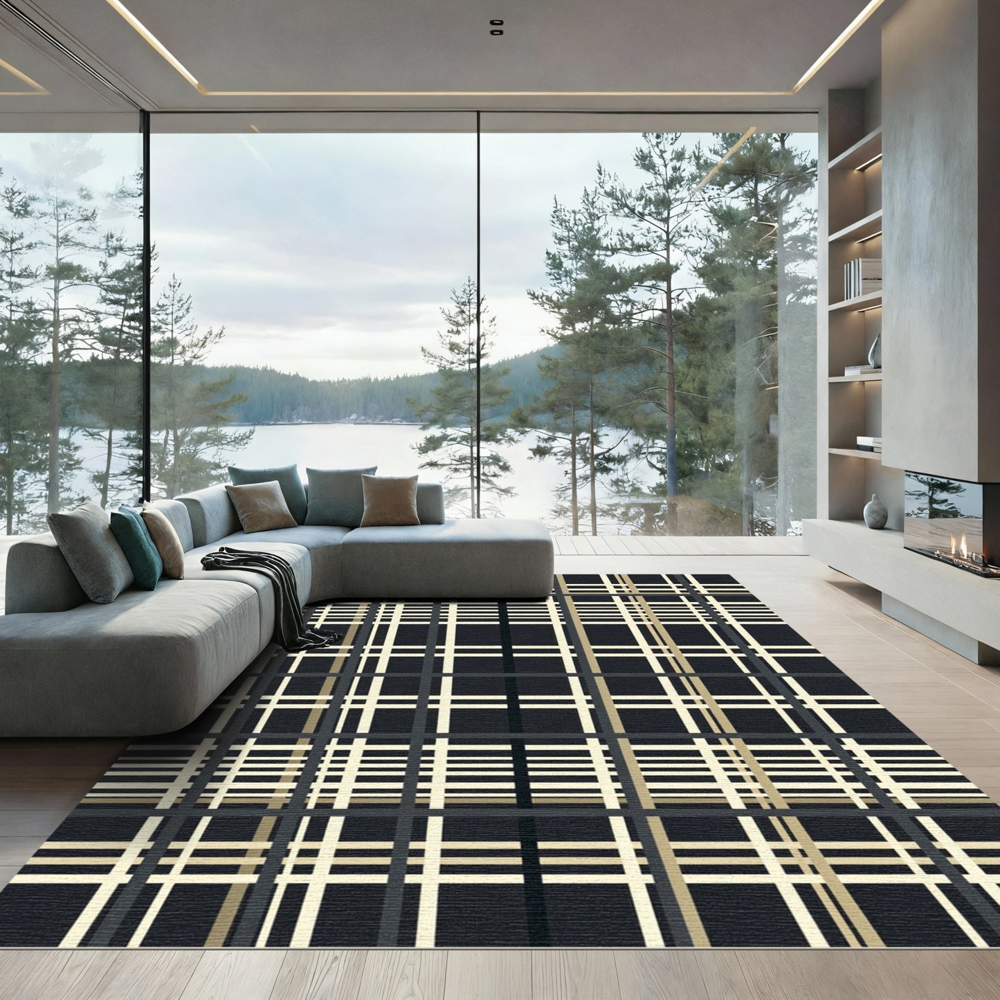 Dark Plaid Cream And Tan Grid Rug