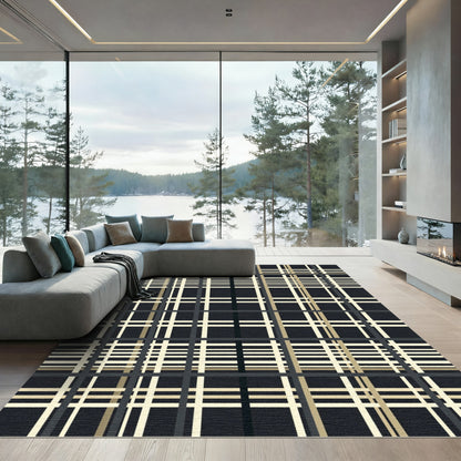 Dark Plaid Cream And Tan Grid Rug