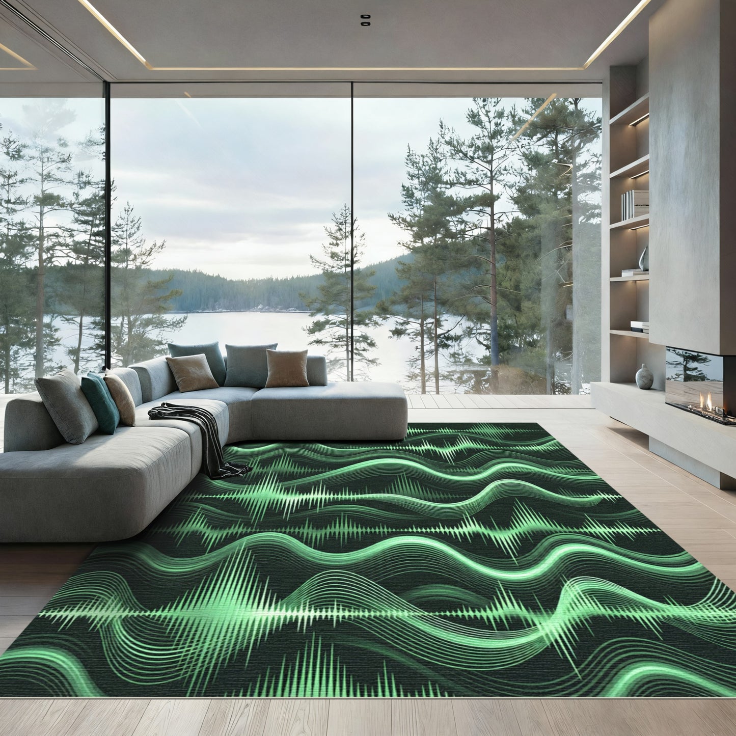 Green Audio Wave Line Art Rug