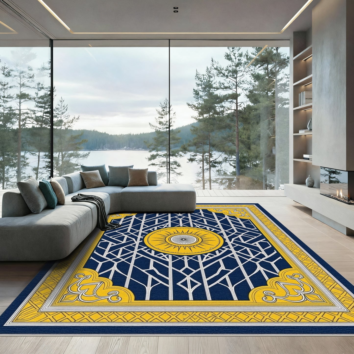 Navy Yellow Art Deco Sunburst Rug