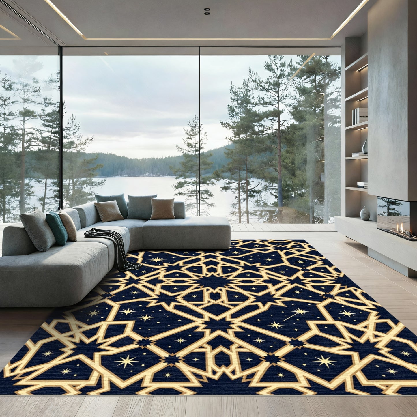 Golden Celestial Geometric Starry Midnight Tapestry Rug