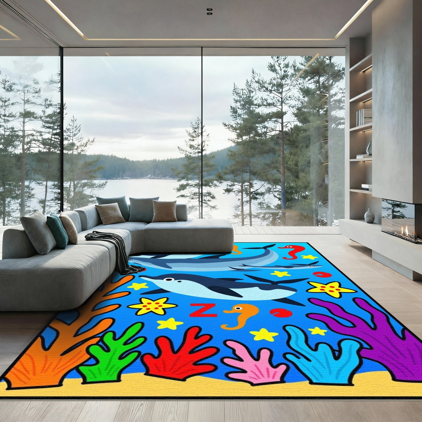 Whimsical Dolphin Coral Reef Alphabet Rug