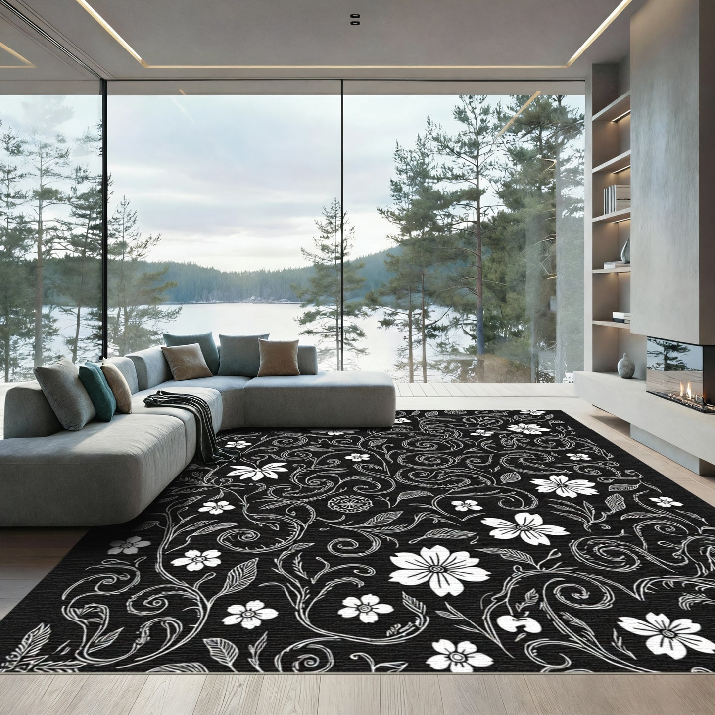 Whimsical White Floral Vine Swirl Rug