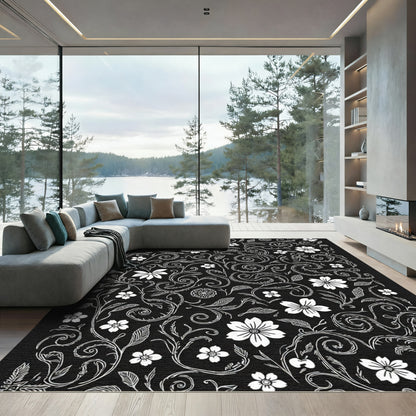 Whimsical White Floral Vine Swirl Rug