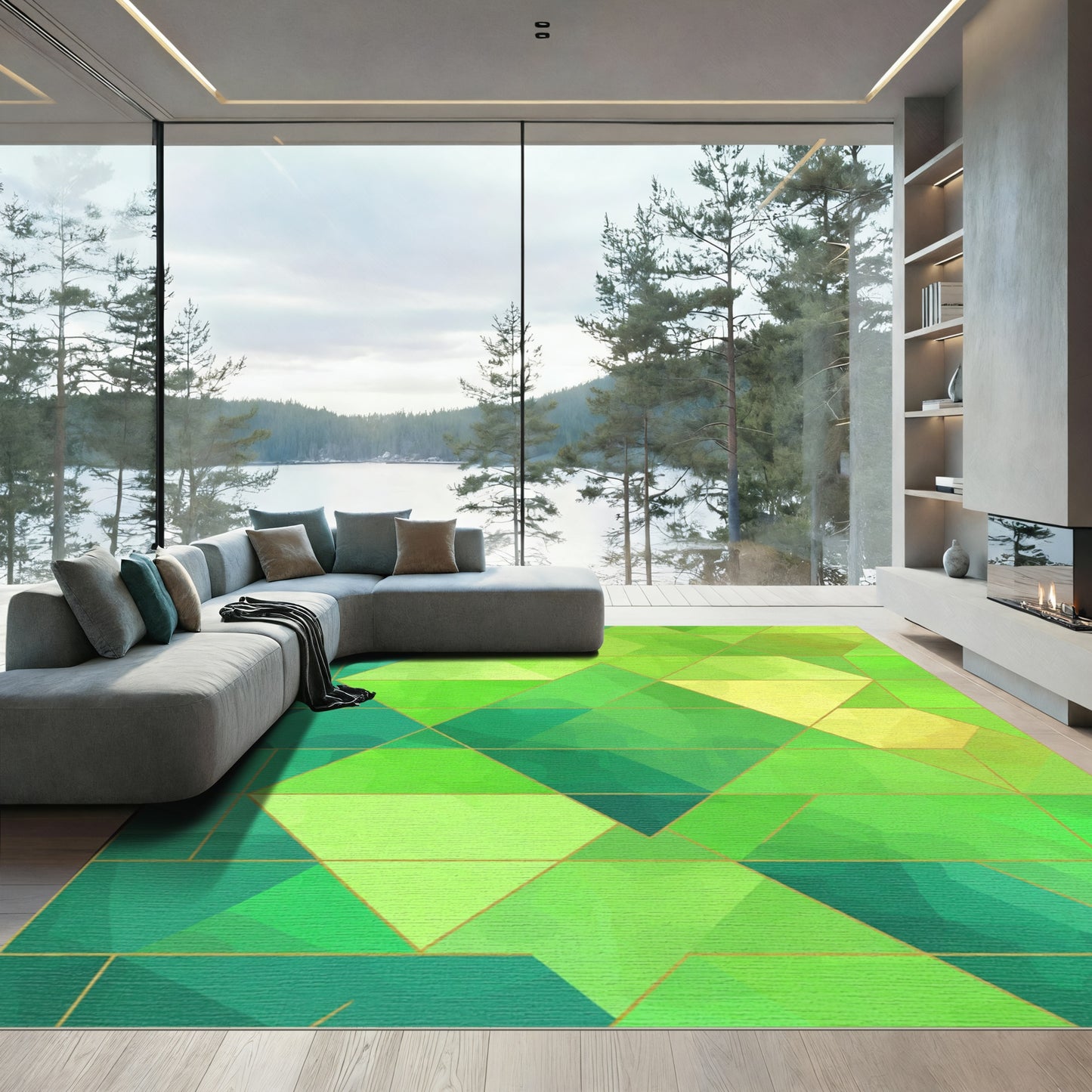 Green Watercolor Geometric Prism Rug