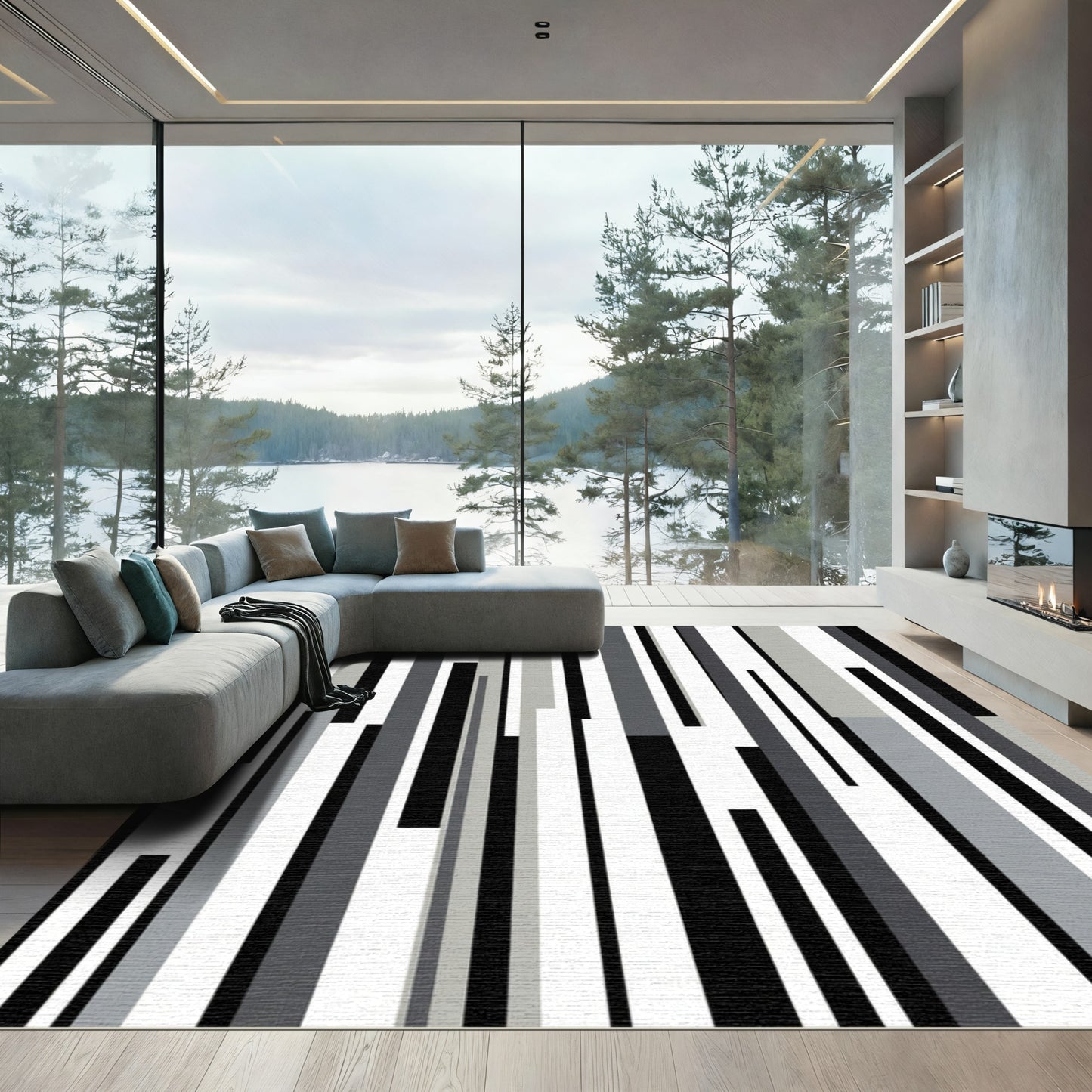 Monochrome Vertical Stripe Abstract Rug