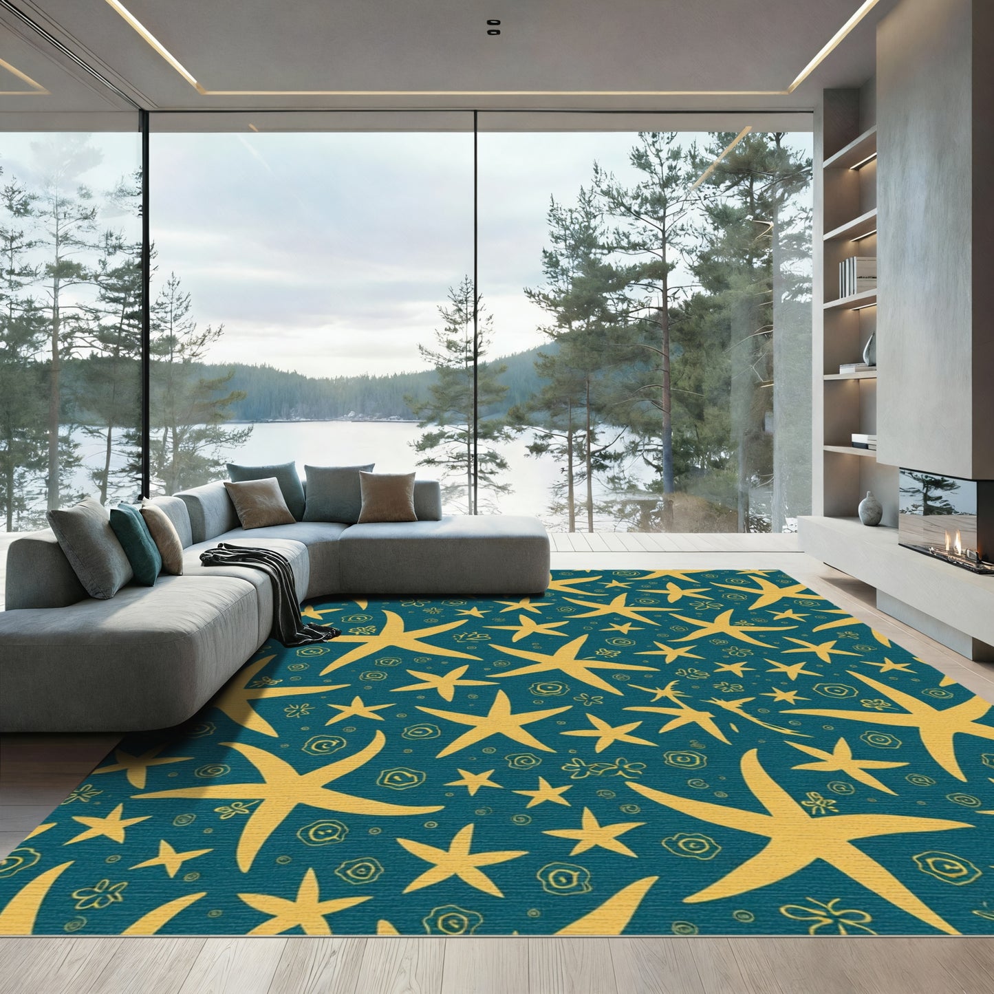 Golden Starfish Teal Repeating Sea Creatures Rug