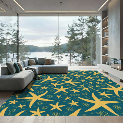 Golden Starfish Teal Repeating Sea Creatures Rug
