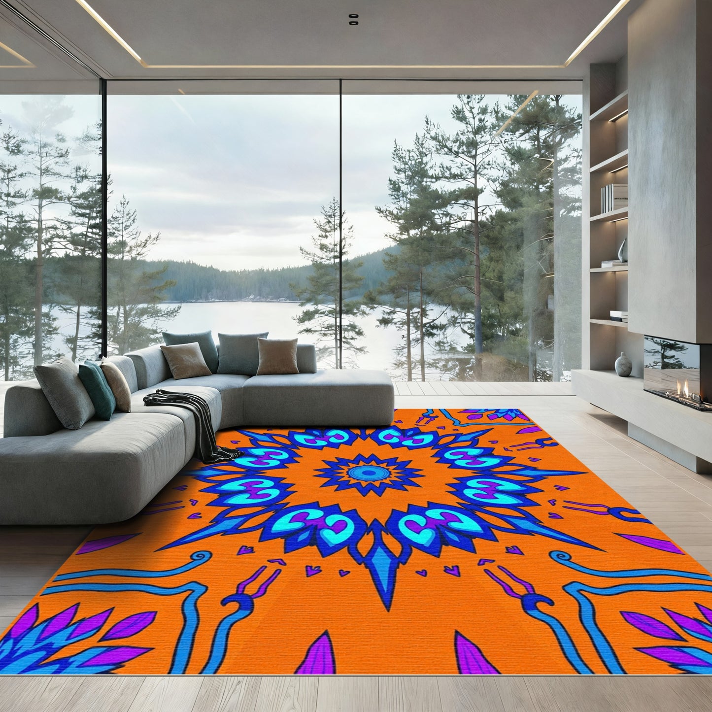 Orange Blue Mandala Jewel Design Rug