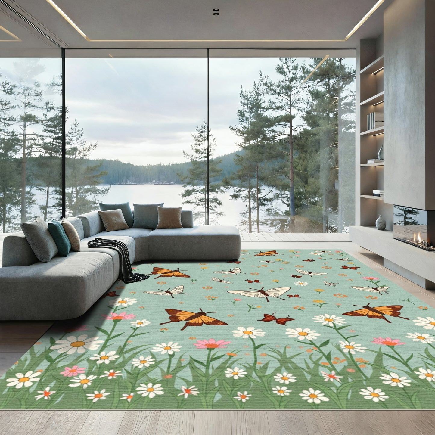 Whimsical Butterfly and Daisy Meadow Rug