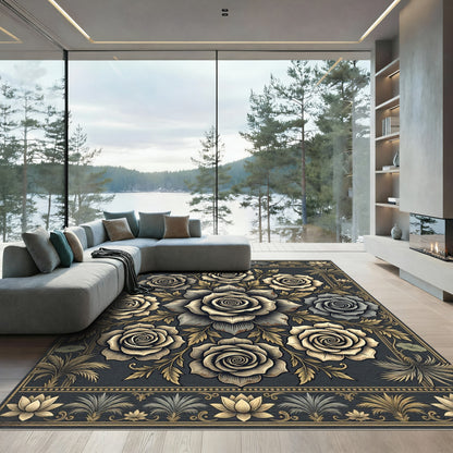 Ornate Gold Rose Floral Medallion Rug