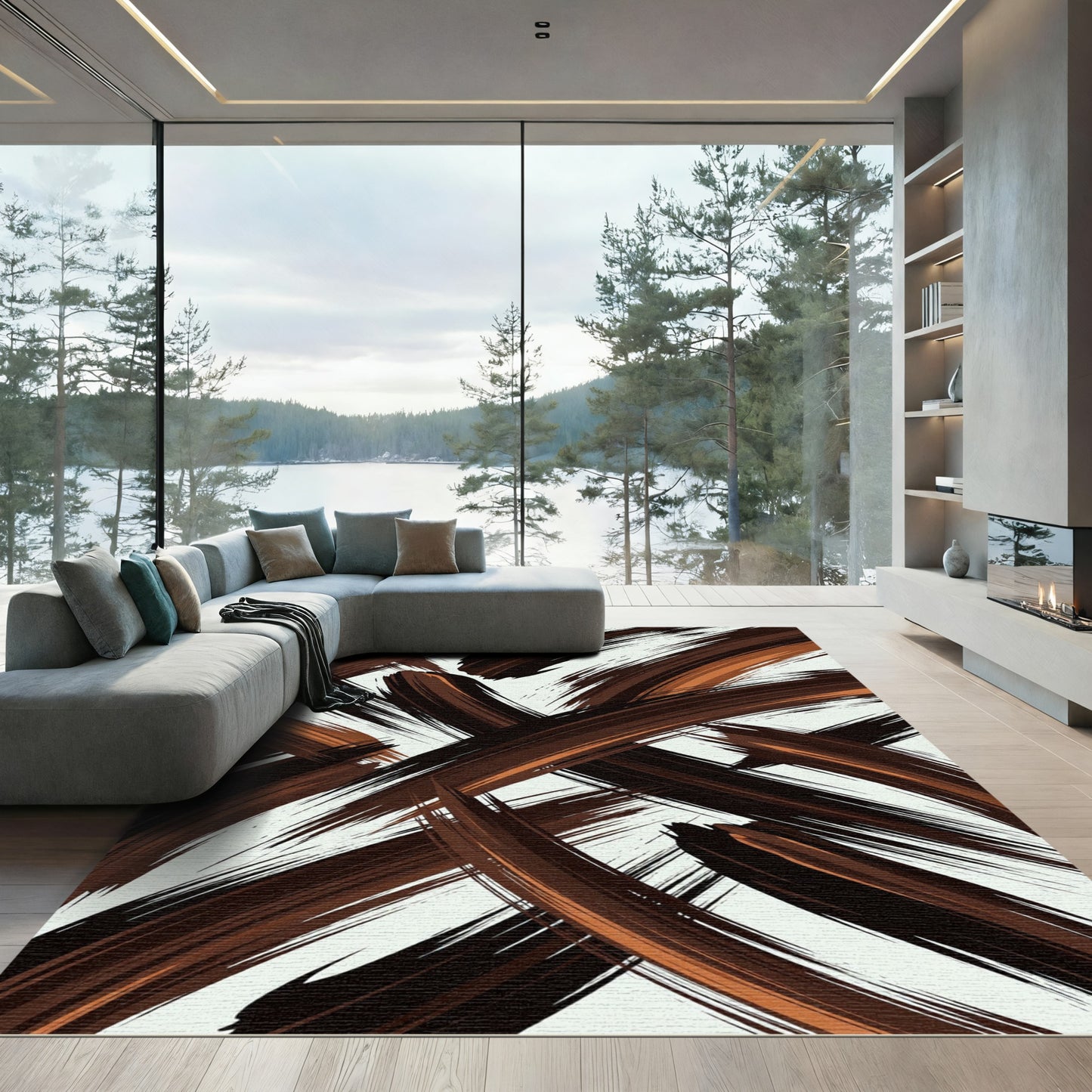 Modern Abstract Espresso Brown Brushstrokes Rug