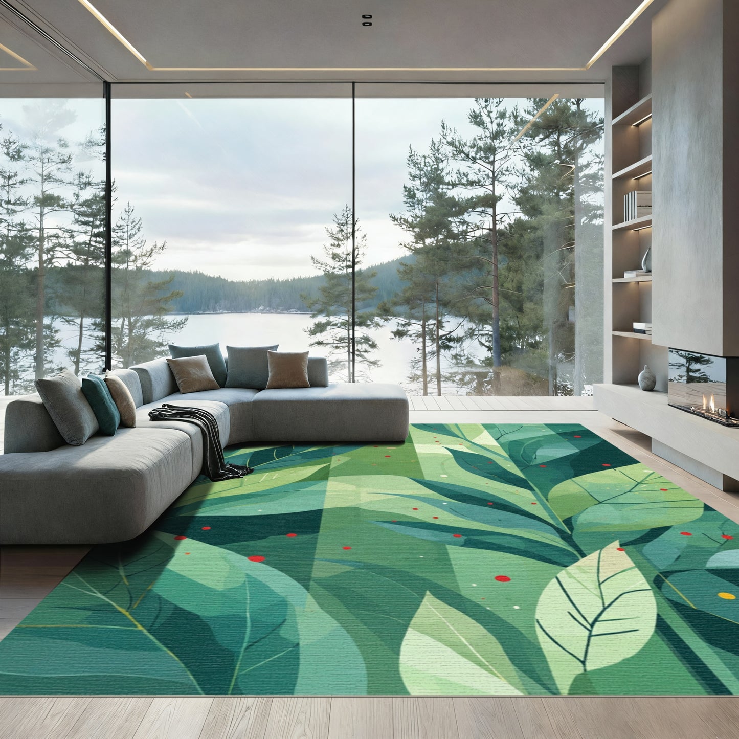 Abstract Green Leafy Grove Red Dots Rug