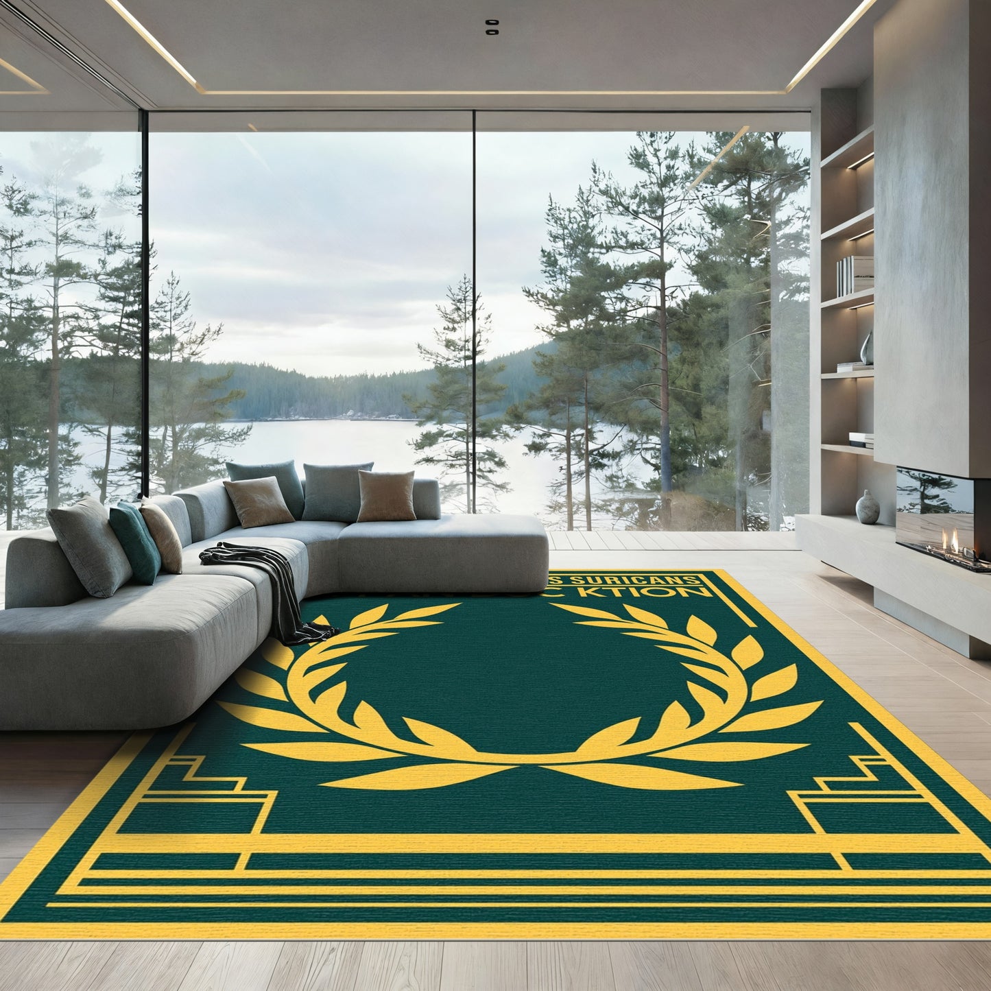 Golden Laurel Wreath Dark Teal Rug