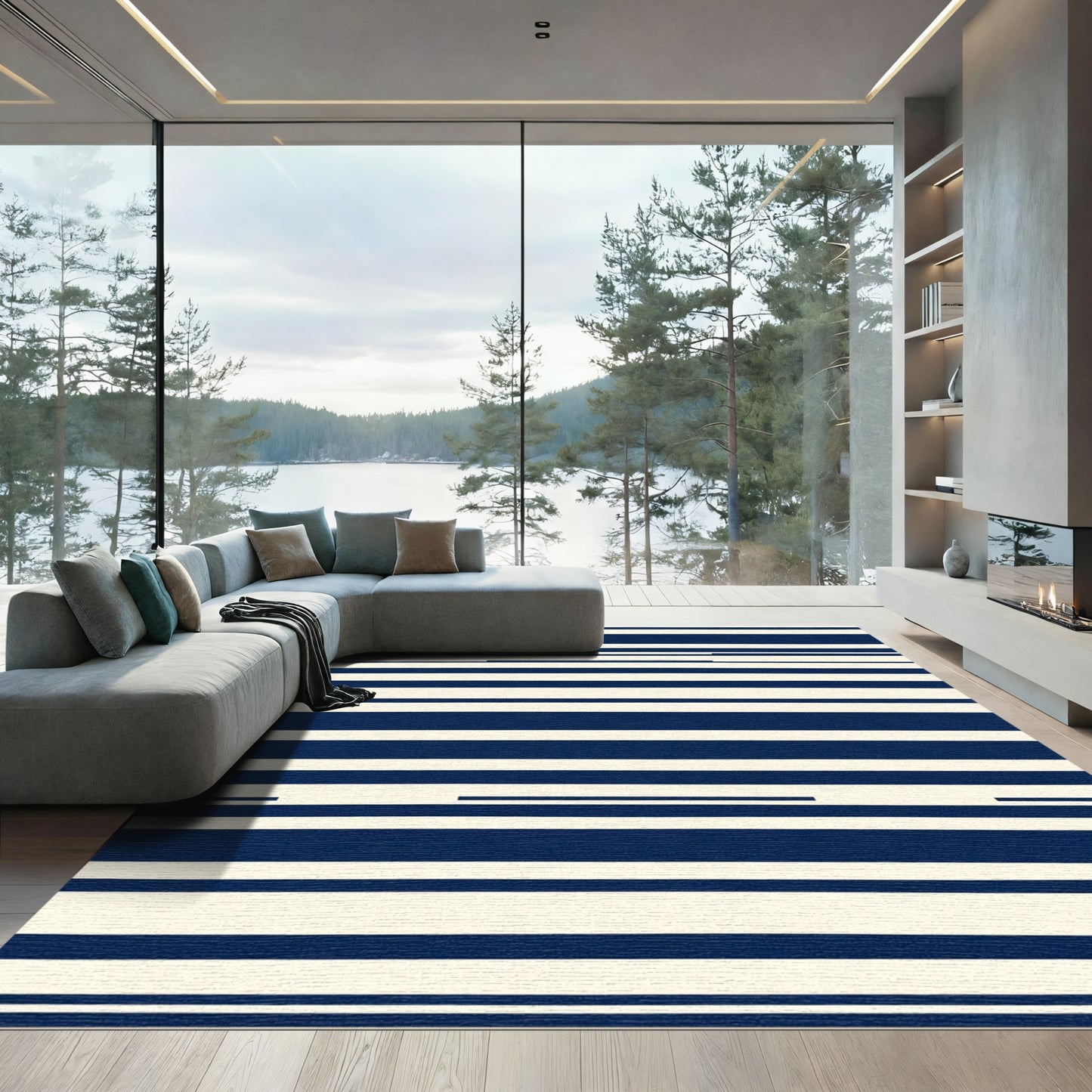 Deep Blue Cream Stripe Accordion Rug