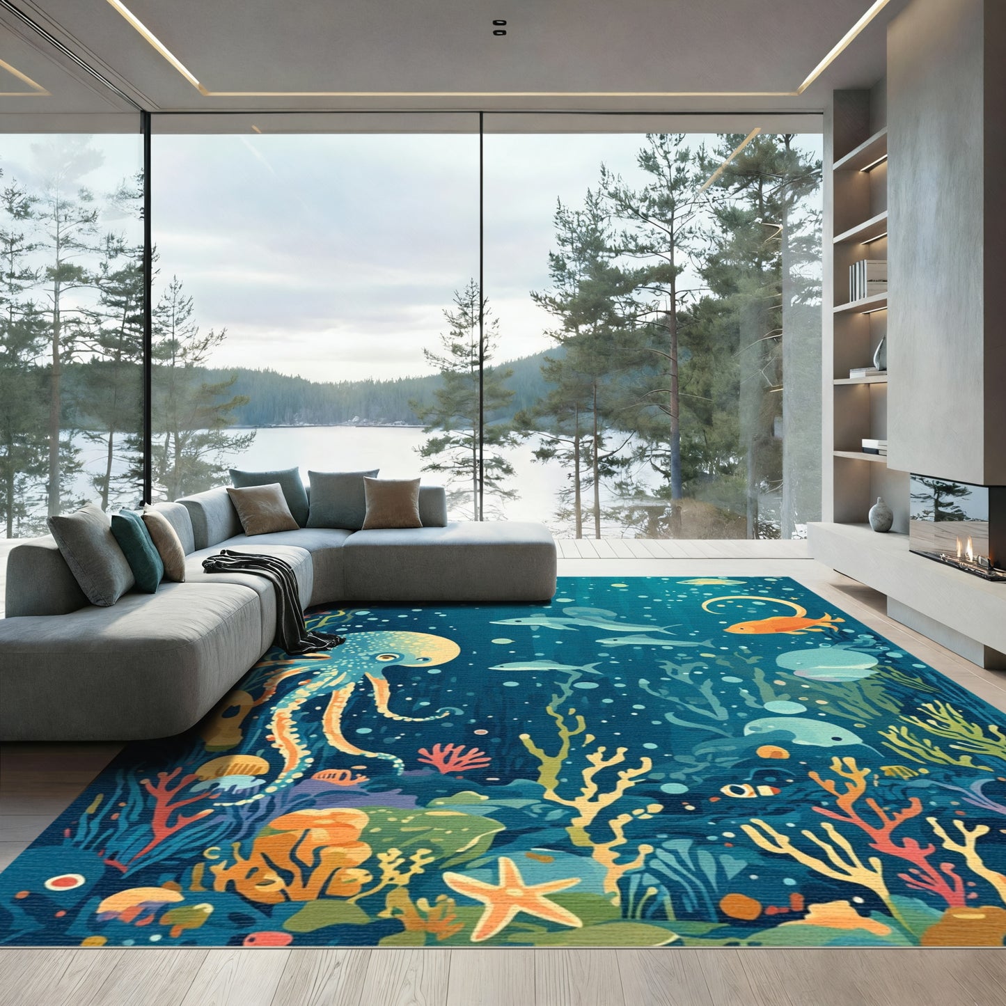 Playful Ocean Life Octopus Marine Scene Rug
