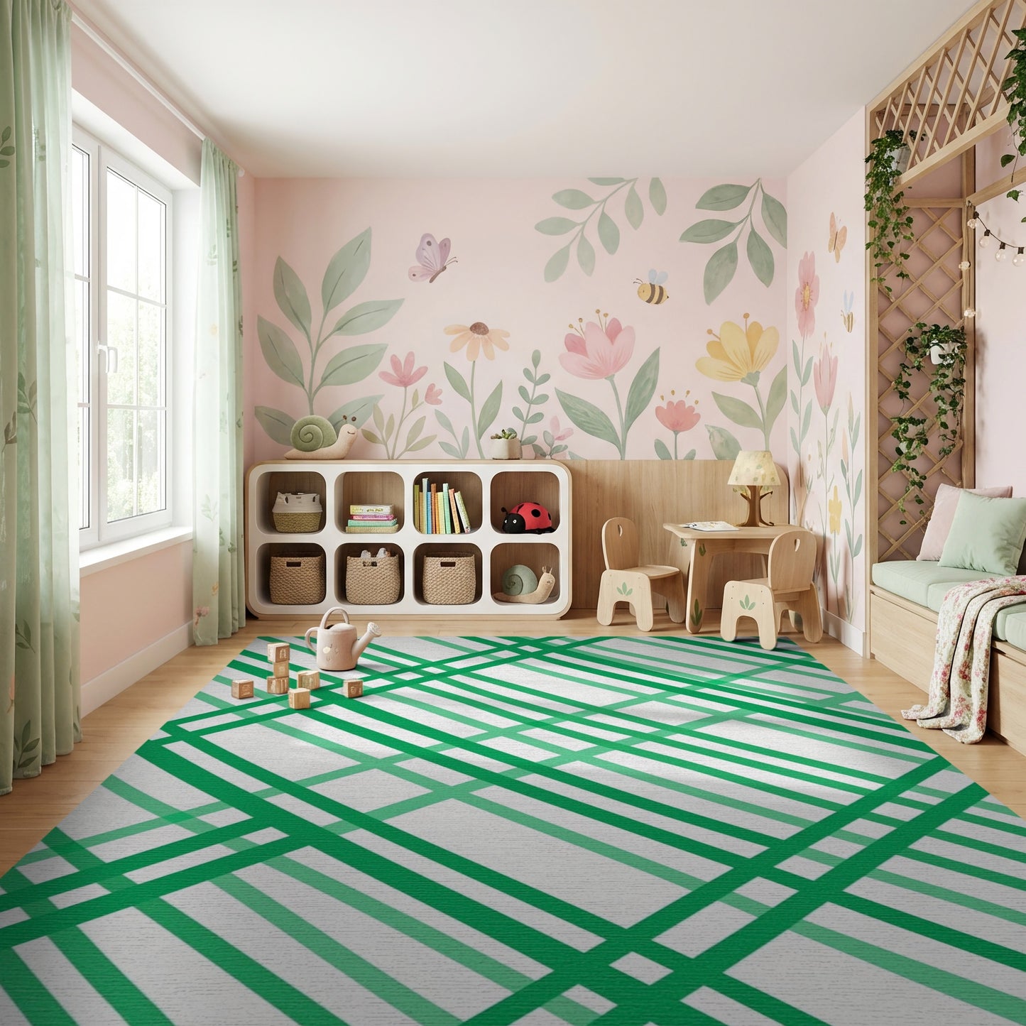 Modern Green White Diagonal Stripes Rug