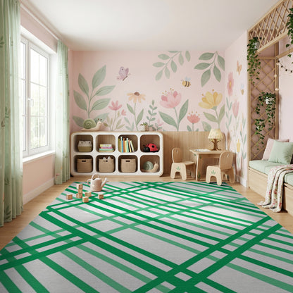 Modern Green White Diagonal Stripes Rug