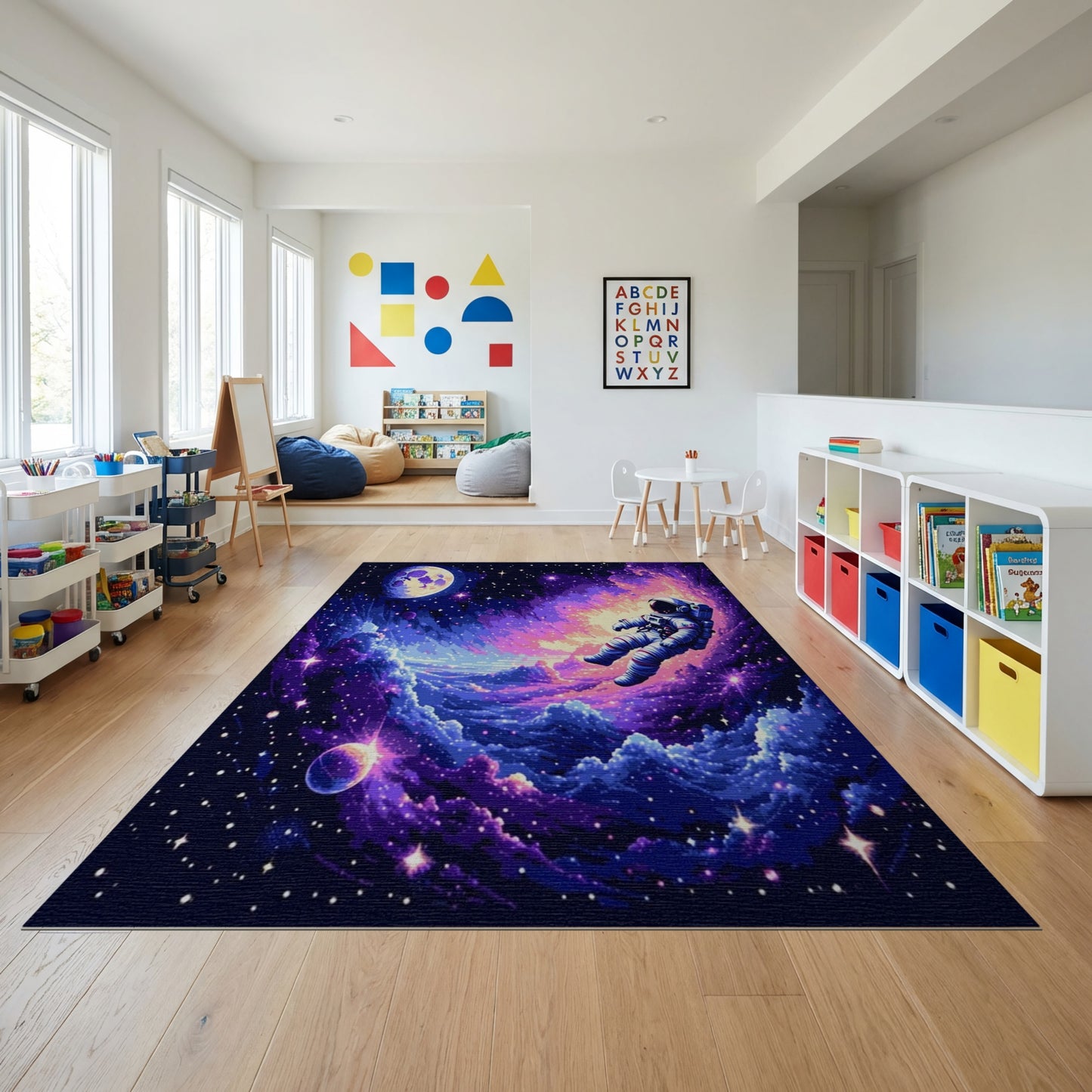 Vibrant Astronaut Nebula Stars Moon Rug