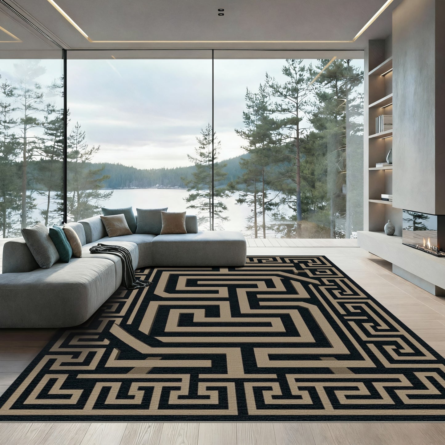 Black Gold Maze Illusion Rug