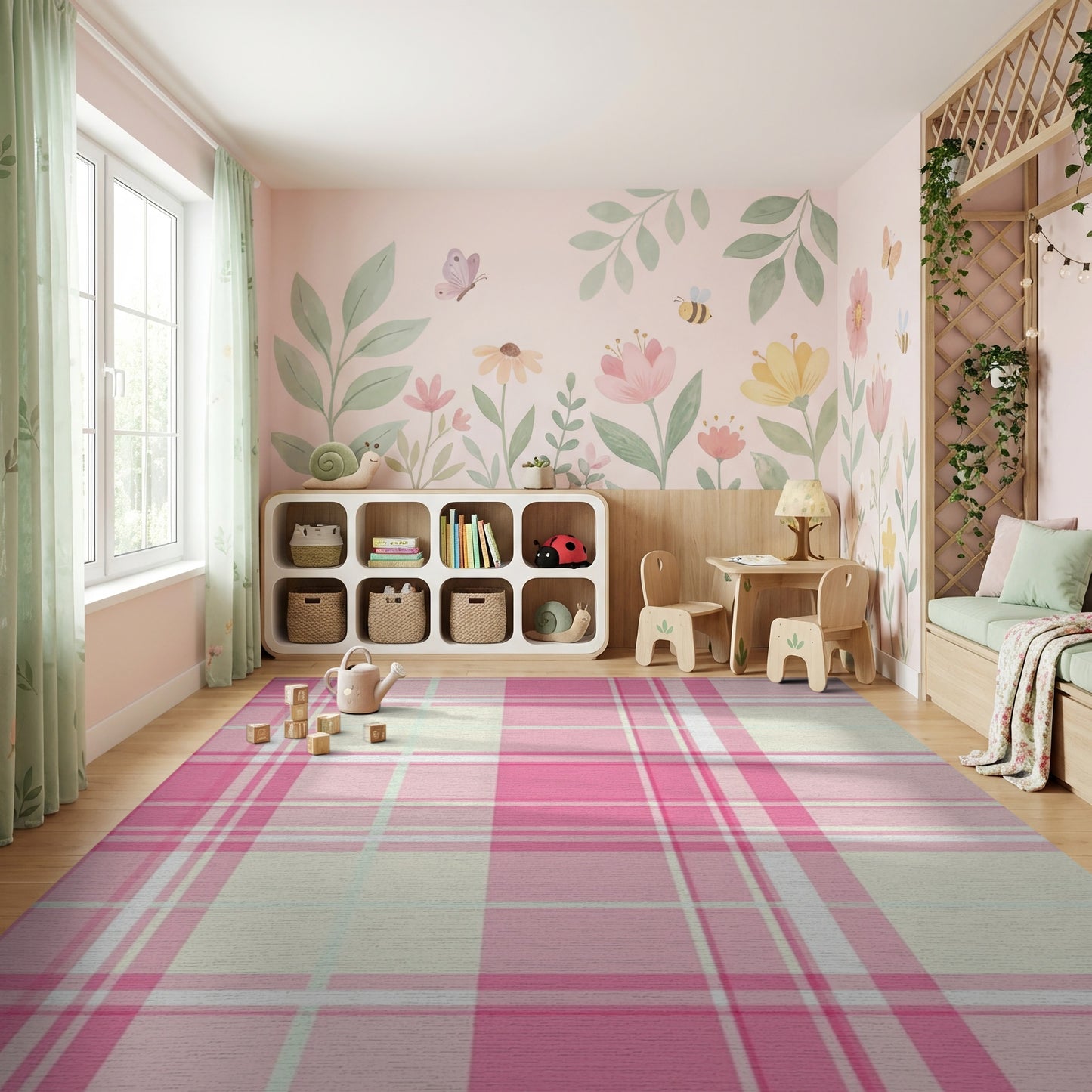 Soft Pastel Pink Mint Plaid Rug