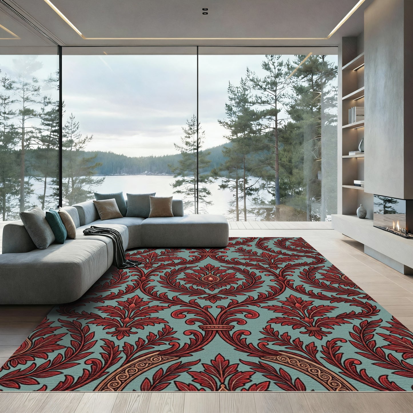 Crimson Damask Foliage on Teal Field Rug