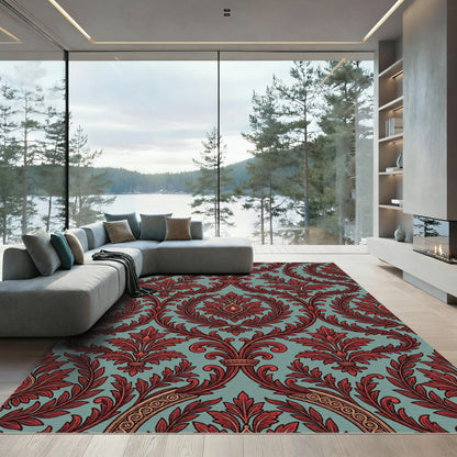 Crimson Damask Foliage on Teal Field Rug