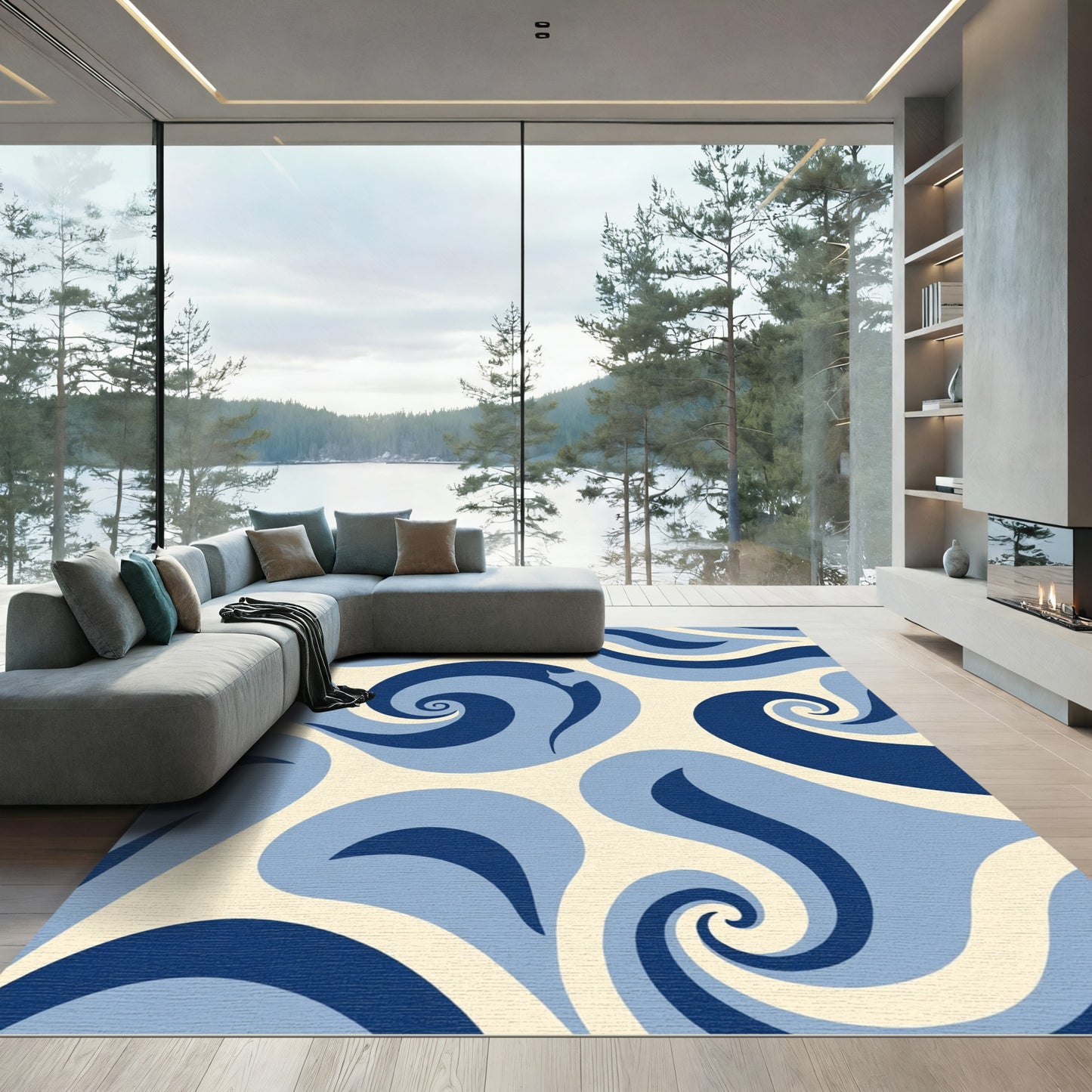 Deep Blue Abstract Swirls Rug