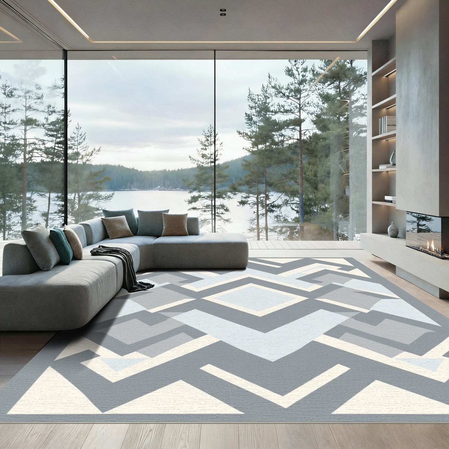 Gray Abstract Geometric Layered Rug