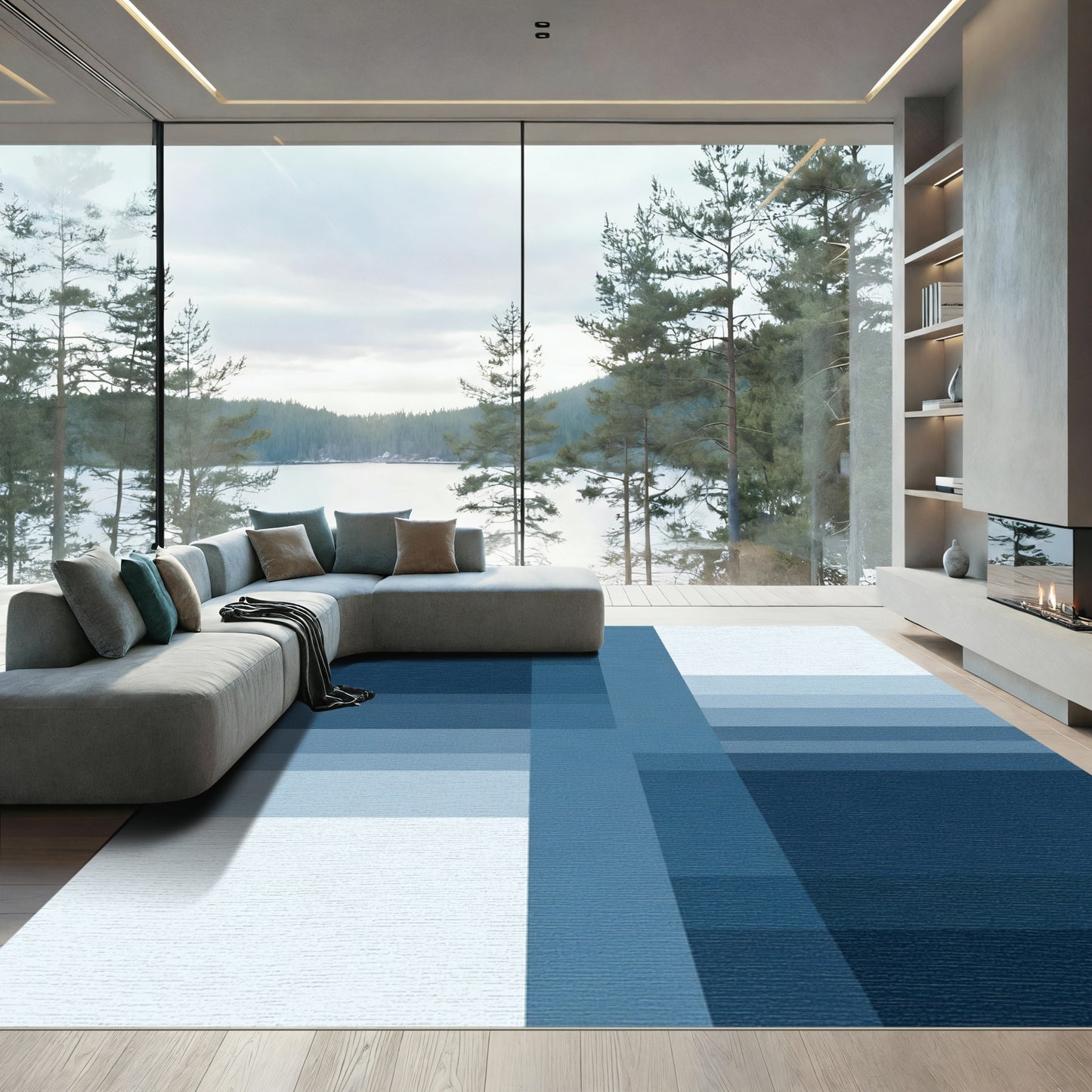 Deep Blue Striped Geometric Blocks Rug