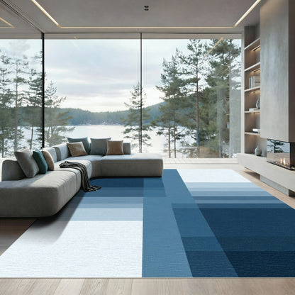 Deep Blue Striped Geometric Blocks Rug
