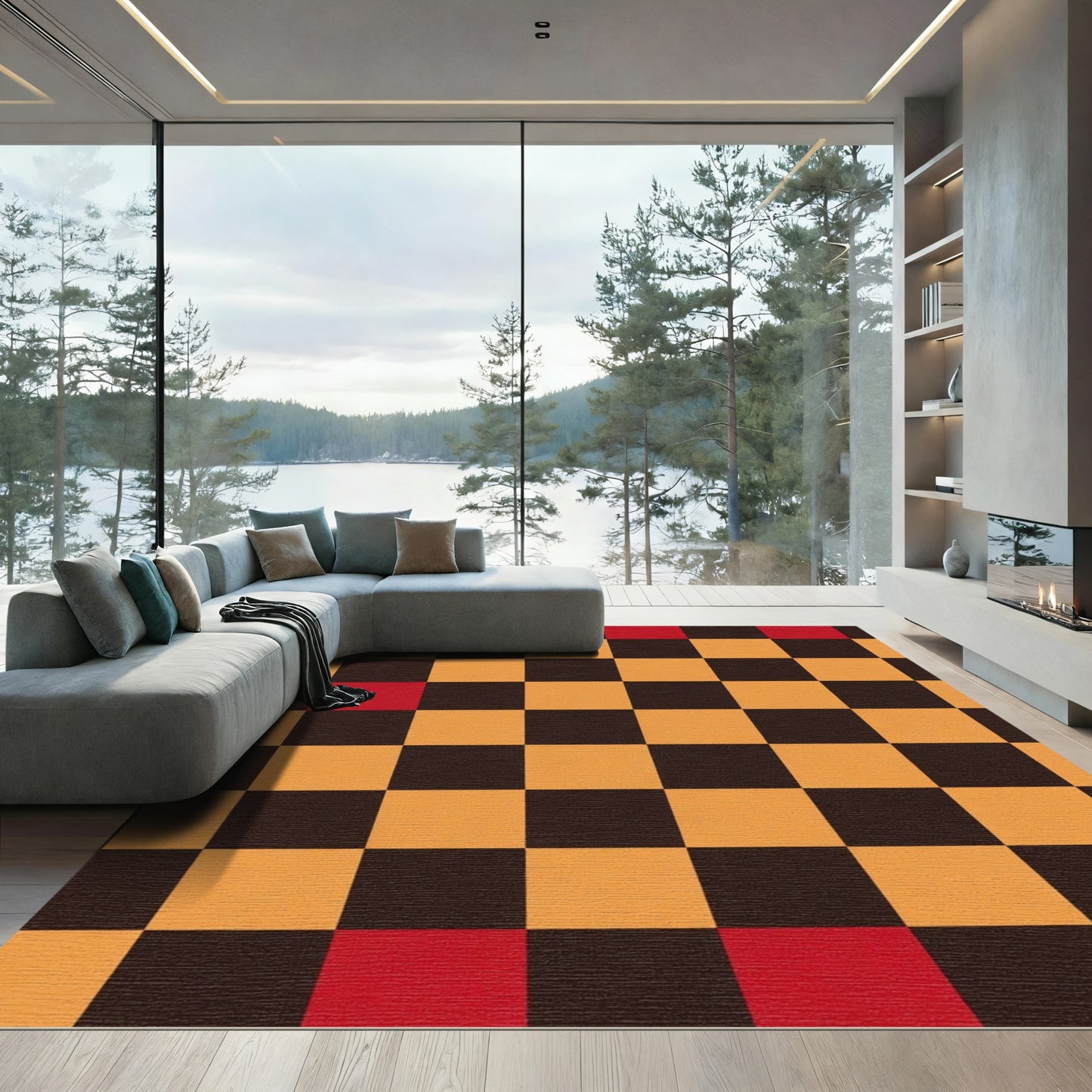 Checkerboard Red Orange Composition Rug