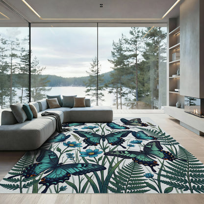 Enchanted Teal Butterfly Garden Illustration Rug