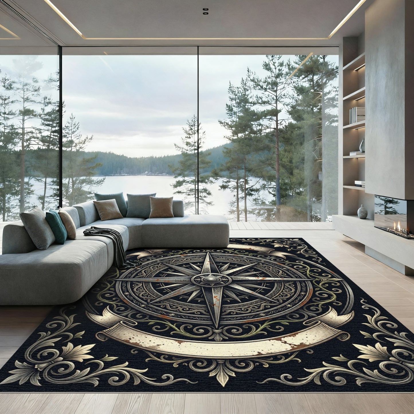 Antique Ornate Compass Rose Scroll Rug