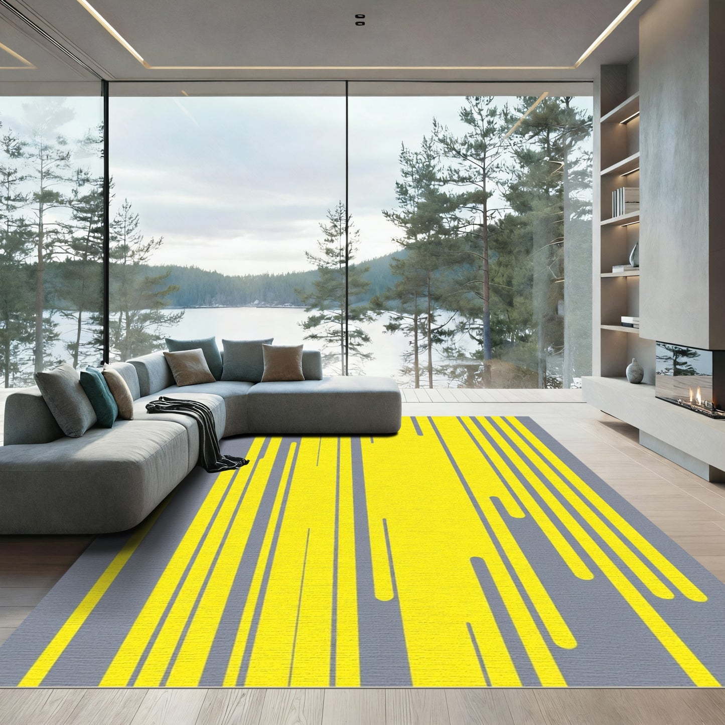 Abstract Yellow Gray Vertical Strokes Rug